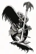 a black and white tattoo of a sexy female fallen angel, head down and holding a sword, beautiful detailed wings tattoo design idea