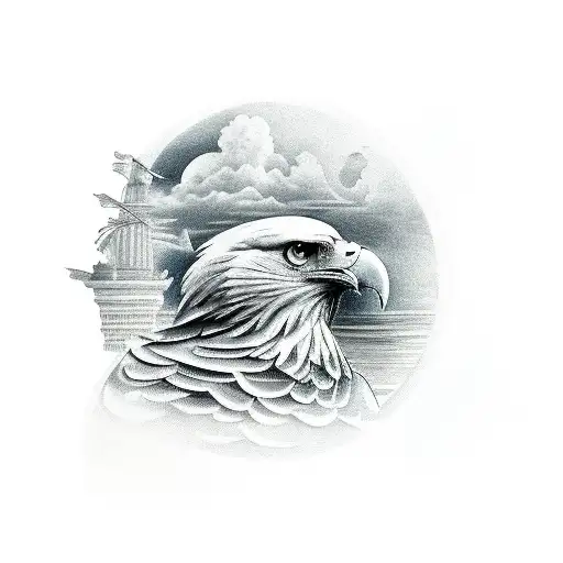 background of a city (palermo) with an eagle in the foreground tattoo design idea