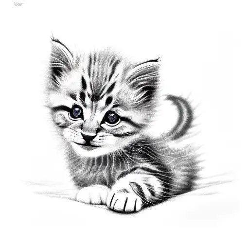 Kitten as a gryffinor lion, tattoo design, include the word "Meow" in cute font, black and white, hyper detailed, FUNNY tattoo design idea