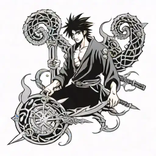 hydra wrapped around a sword with treasure in the background tattoo design idea