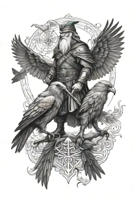 Odin and his ravens Huginn and Muninn tattoo design idea