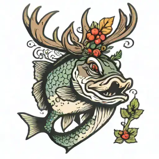 bass fish with reindeer antlers  tattoo design idea