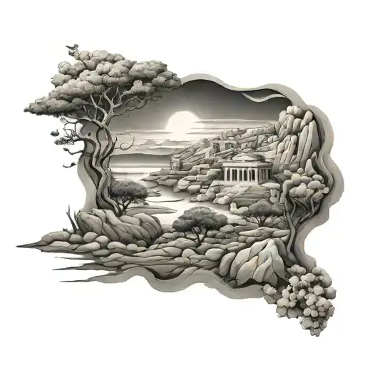 Ancient Greece landscape and Space tattoo design idea