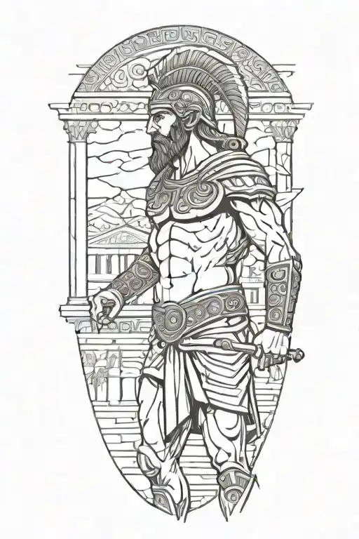 A sketch-style tattoo of an ancient Greek warrior standing against a backdrop of iconic Greek architecture, with subtle cybersecurity motifs integrated into the design tattoo design idea