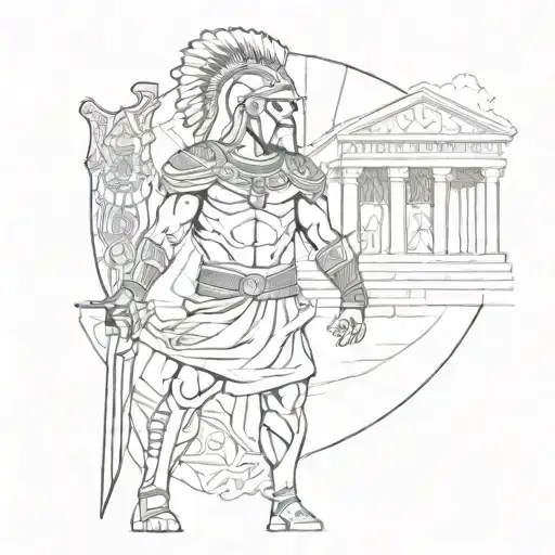A sketch-style tattoo of an ancient Greek warrior standing against a backdrop of iconic Greek architecture, with subtle cybersecurity motifs integrated into the design tattoo design idea