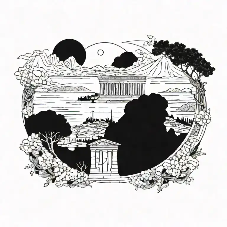 Ancient Greece landscape and Space tattoo design idea