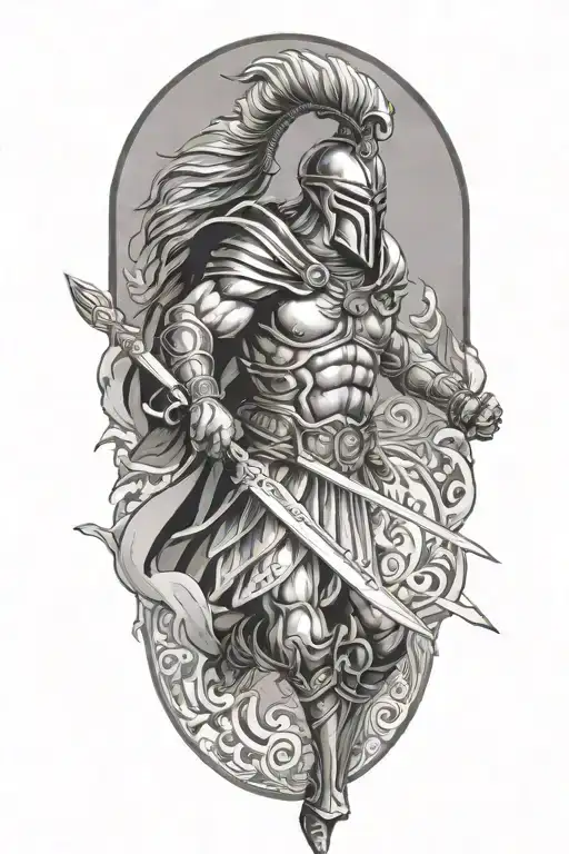 An ancient Greek warrior battling a cyber threat in a mythological setting tattoo design idea