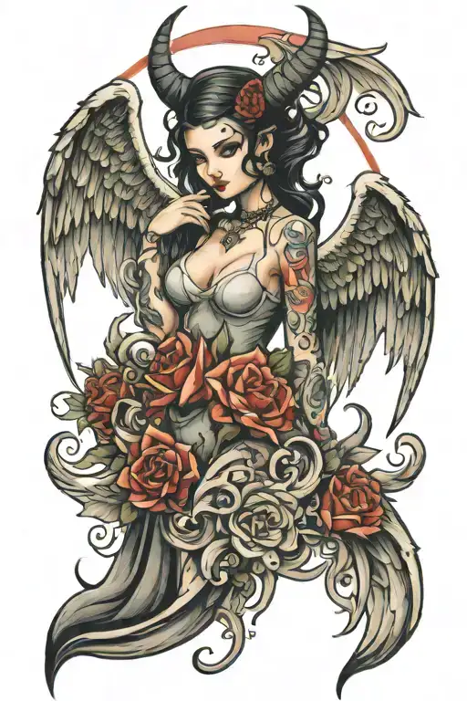 half angel and half devil girl standing tattoo design idea
