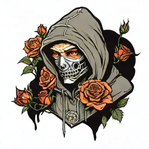 stalker in a hoodie surrounded by roses tattoo design idea