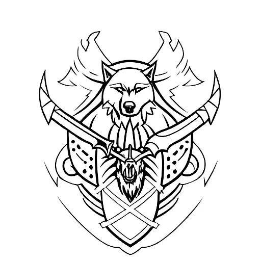 Shield with a wolf and a axe tattoo design idea