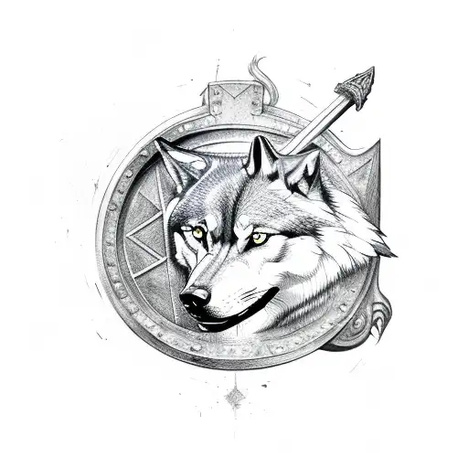 Shield with a wolf and a axe by side tattoo design idea