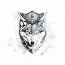 Shield with a wolf and a axe by side tattoo design idea