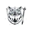 Shield with a wolf and a axe by side tattoo design idea