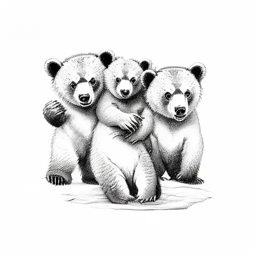 A composition of three adorable bear cubs playing in a meadow tattoo design idea
