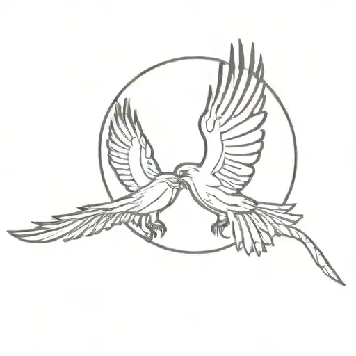 A minimalist design of Odin's ravens, Huginn and Muninn, flying over Valhalla tattoo design idea