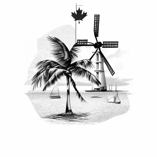 Hawaii, palm tree, Dutch windmill, Canada flag, RN2T tattoo design idea