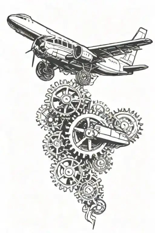 plane flying through gears intertwined tattoo design idea