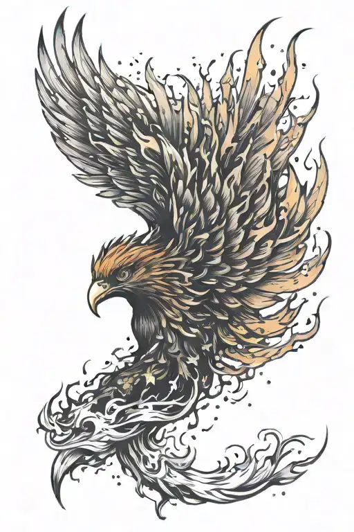 Phoenix on fire with its head looking up at a galaxy sky, rising up from destruction.  tattoo design idea