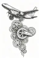 plane flying through gears intertwined tattoo design idea