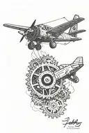plane flying through gears intertwined tattoo design idea