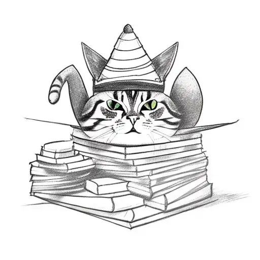 A sketch-style tattoo of a cat wearing a wizard hat, sitting on a pile of books and strumming a guitar. tattoo design idea