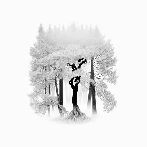 A black-grey tattoo of a mystical forest with each tree representing a different element, and a silhouette of Arthur Cevero playing guitar in the foreground. tattoo design idea