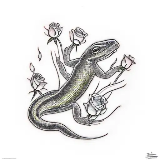 salamander with roses and fire tattoo design idea