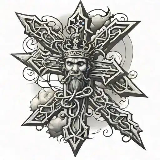 cross with a crown of thorns surrounded by clouds  tattoo design idea