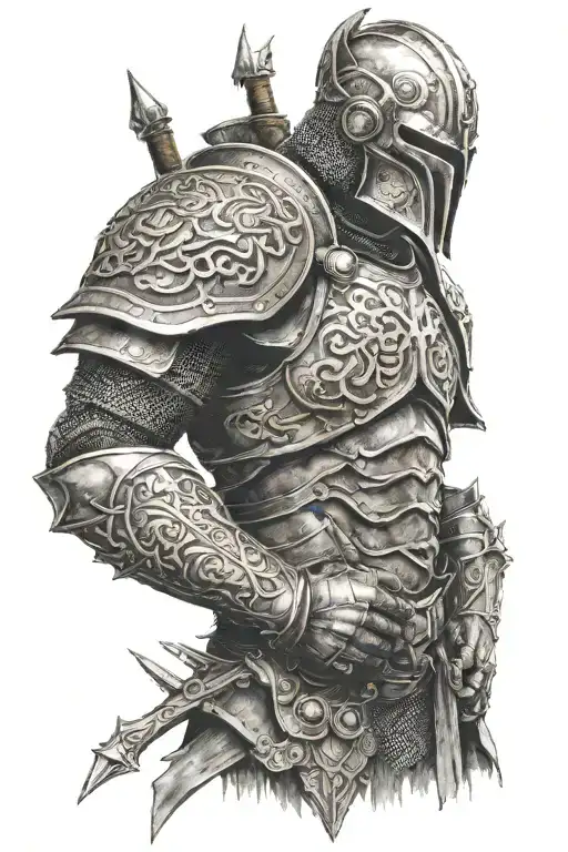 full sleeve with shoulder armour and elder scrolls book style font tattoo design idea