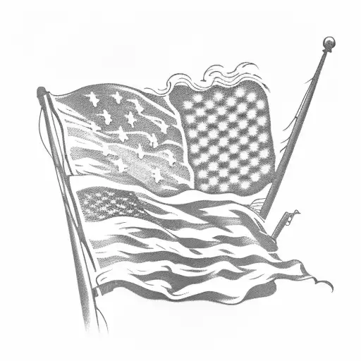 A silhouette of a Jeep driving into the sunset with the American flag waving in the background tattoo design idea