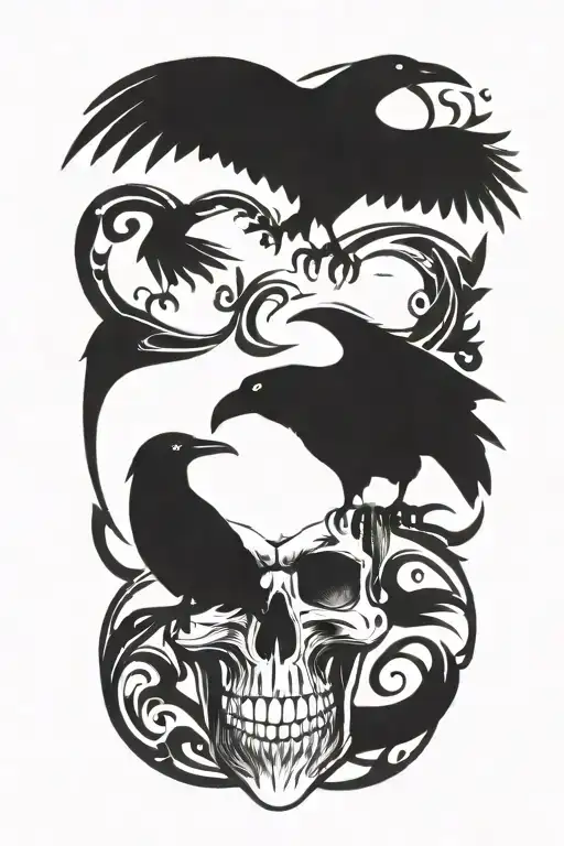 Nordic signs, ravens and skulls tattoo design idea