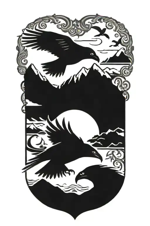 Nordic signs and Ravens tattoo design idea