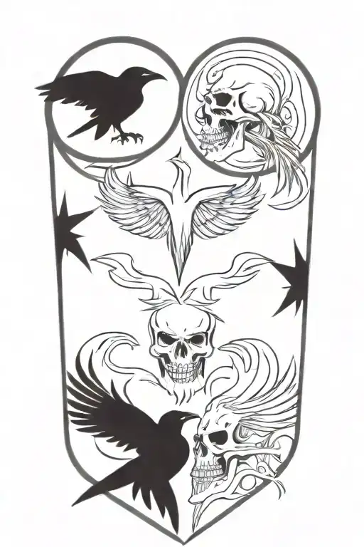 Nordic signs, ravens and skulls tattoo design idea