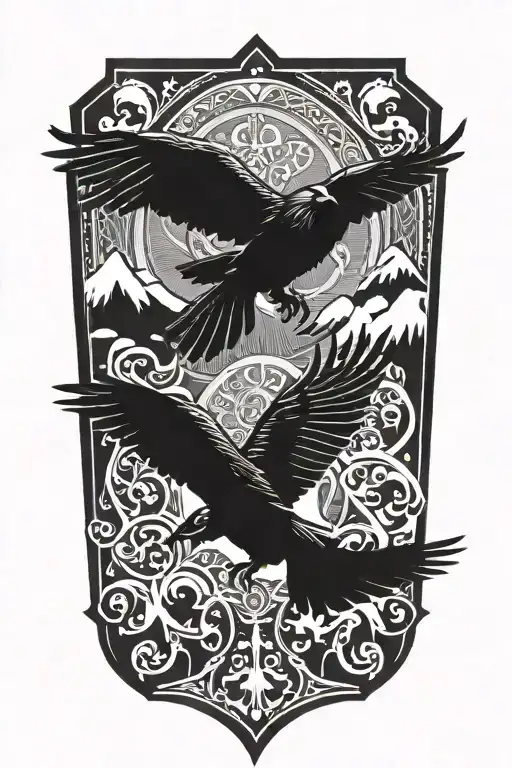 Nordic signs and Ravens tattoo design idea