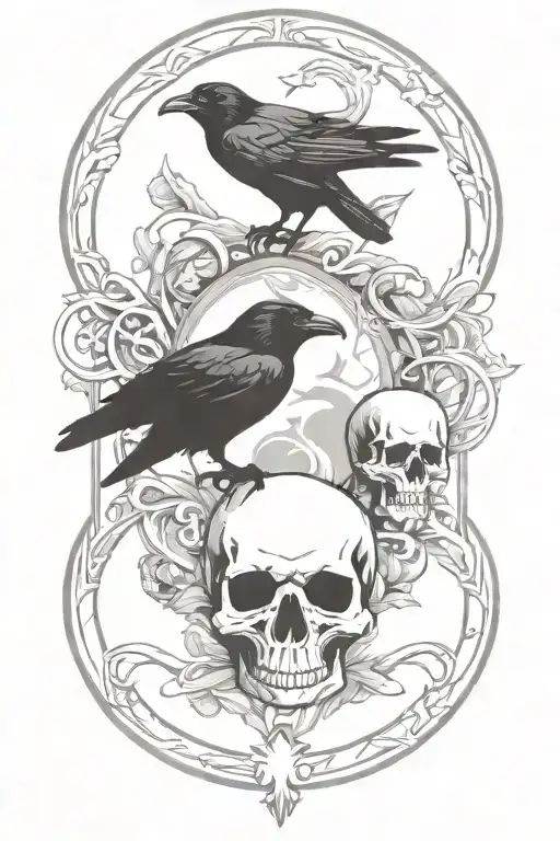 Nordic signs, ravens and skulls tattoo design idea