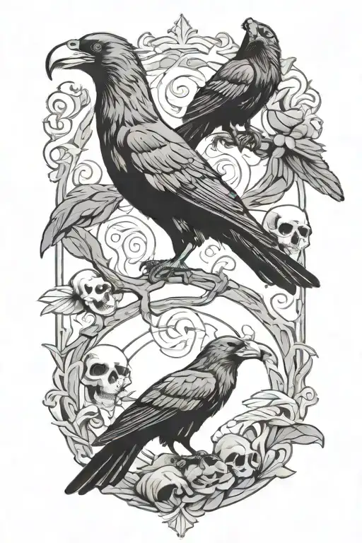 Nordic signs, ravens and skulls tattoo design idea