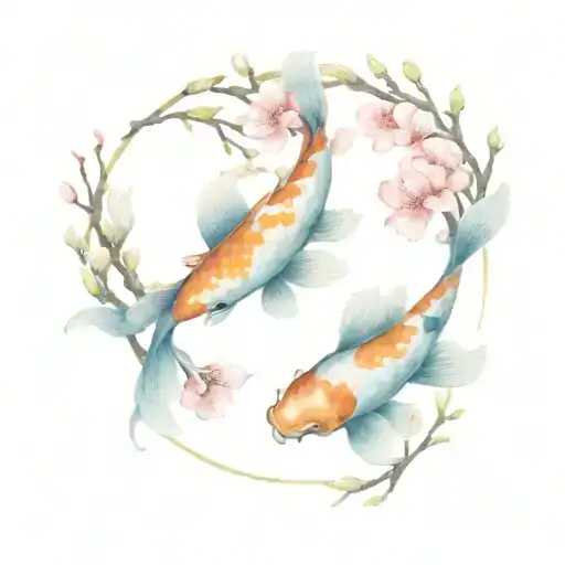 2 koi fish swimming in a circle made of cherry blossom branches  tattoo design idea