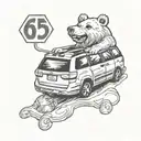 bear driving a 2006 Toyota sienna minivan with the number 65 on the door of the minivan tattoo design idea