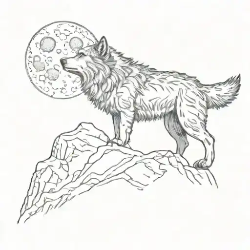 A wolf howling at the moon while standing on top of a mountain tattoo design idea