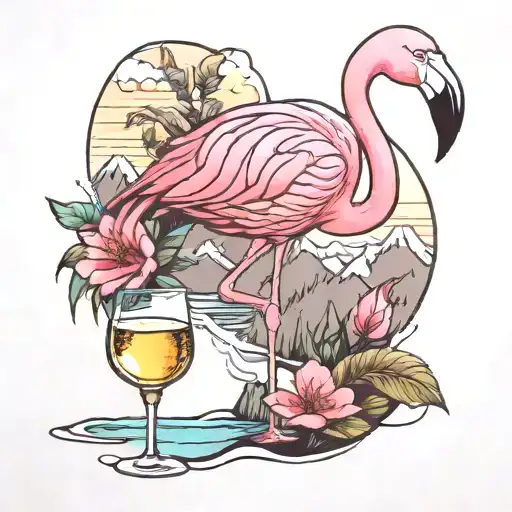 Flamingo drinking Prosecco in the mountains tattoo design idea