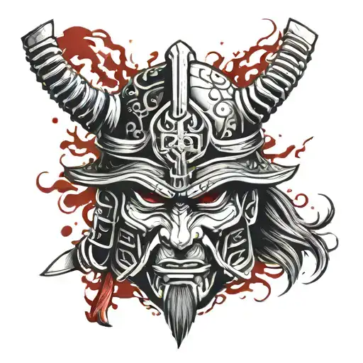 Brand of sacrifice symbol integrated into a traditional Japanese samurai mask with blood accents tattoo design idea