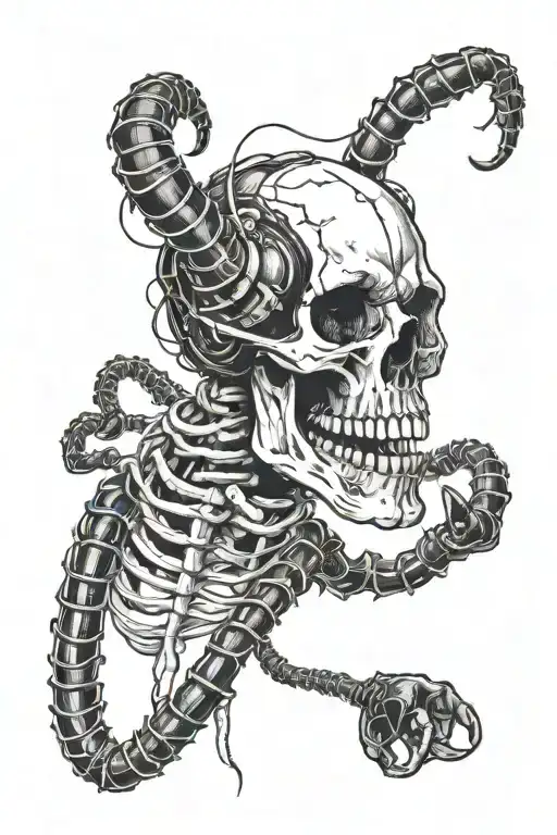 centipede in hand like band around skull wearing headphones tattoo design idea