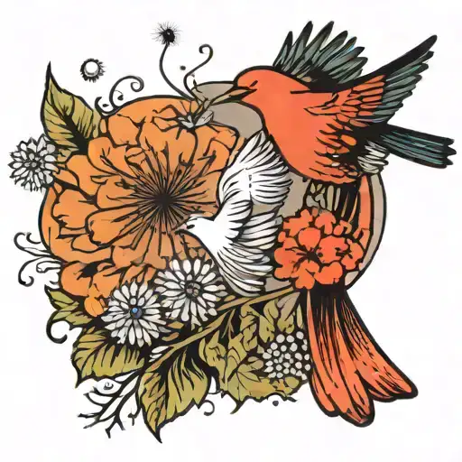 dandelion blowing to bird and salmon tattoo design idea