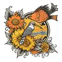 dandelion blowing to bird and salmon tattoo design idea