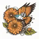 dandelion blowing to bird and salmon tattoo design idea