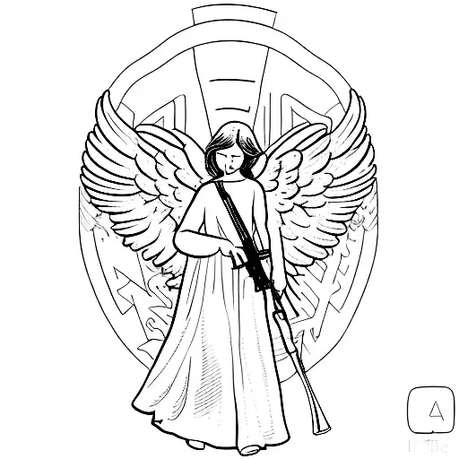 An angel who breaks a Kalashnikov assault rifle over his head tattoo design idea