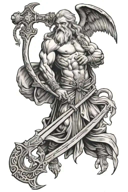 old Zeus holding scythe with wings and lightning bolt tattoo design idea
