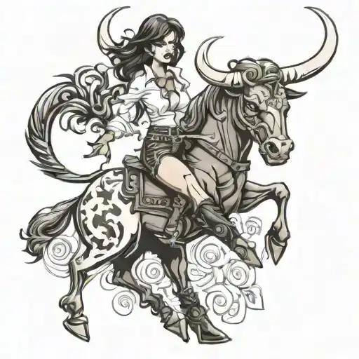 sexy woman in thigh high boots riding a black bull  tattoo design idea
