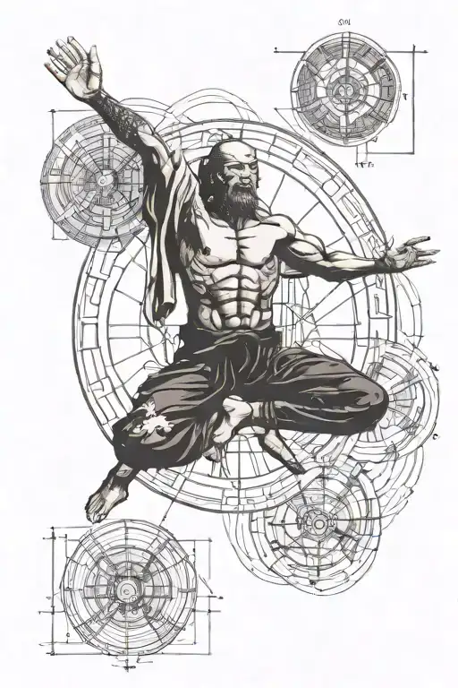 vitruvian man with geek culture inspirations are: minimalism tattoo design idea