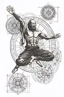 vitruvian man with geek culture inspirations are: minimalism tattoo design idea
